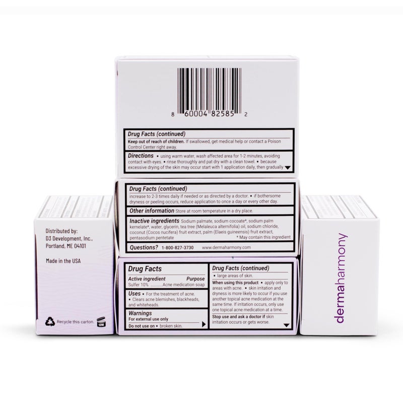 Dermaharmony 10% Sulfur with Tea Tree Oil Acne Bar Soap 4 oz (3 Bars) - Image 3